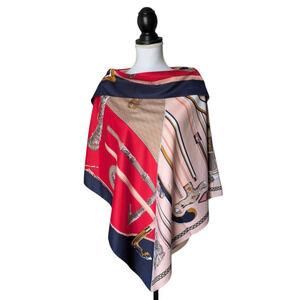 La Fiorentina Walking Cane Print Equestrian Horse Satin Poncho One Size Pink Nav